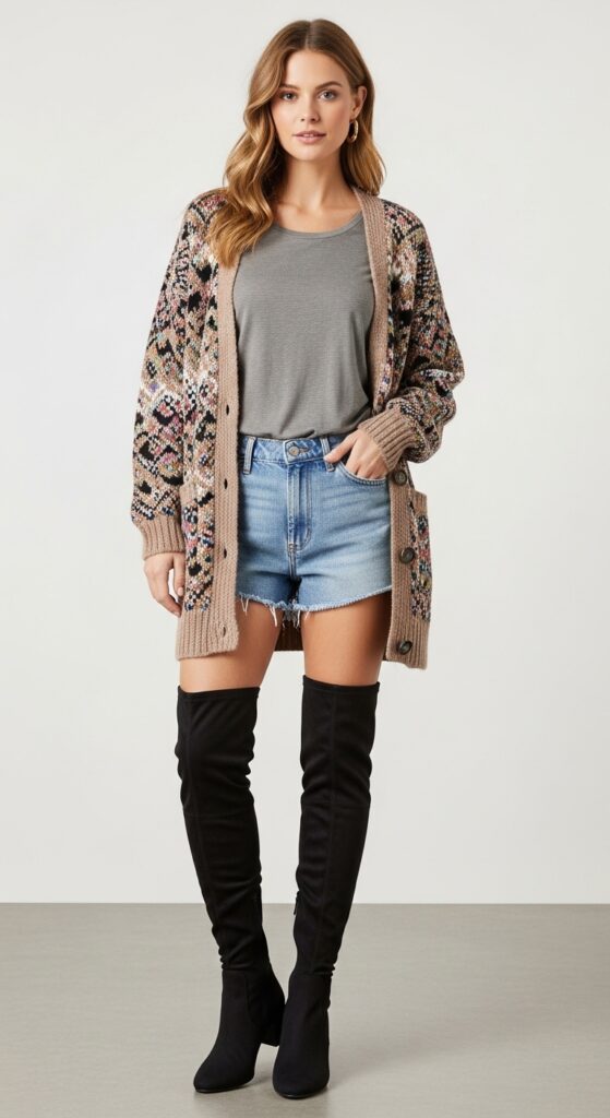 16 Trendy Knee-High Boot Outfits to Shine in Any Setting 9 Cardigan and Denim Shorts