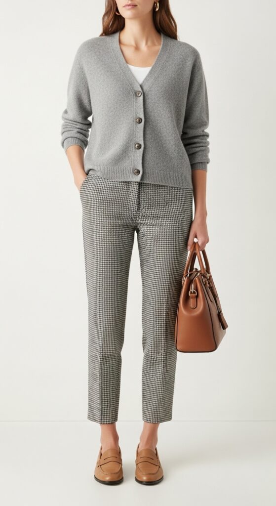 15 Chic Houndstooth Pants Outfits to Rock This Season with Chic Season Style 15 Cardigan and Loafers for Cozy Workdays