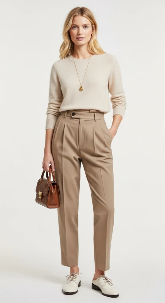 Cashmere sweater with pleated trousers business casual outfit