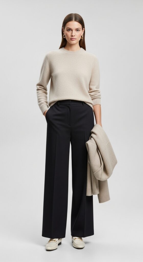 20 Cozy and Chic Sweater Outfit Ideas You’ll Want to Wear All Season Long 11 Cashmere Sweater and Wide-Legged Trousers