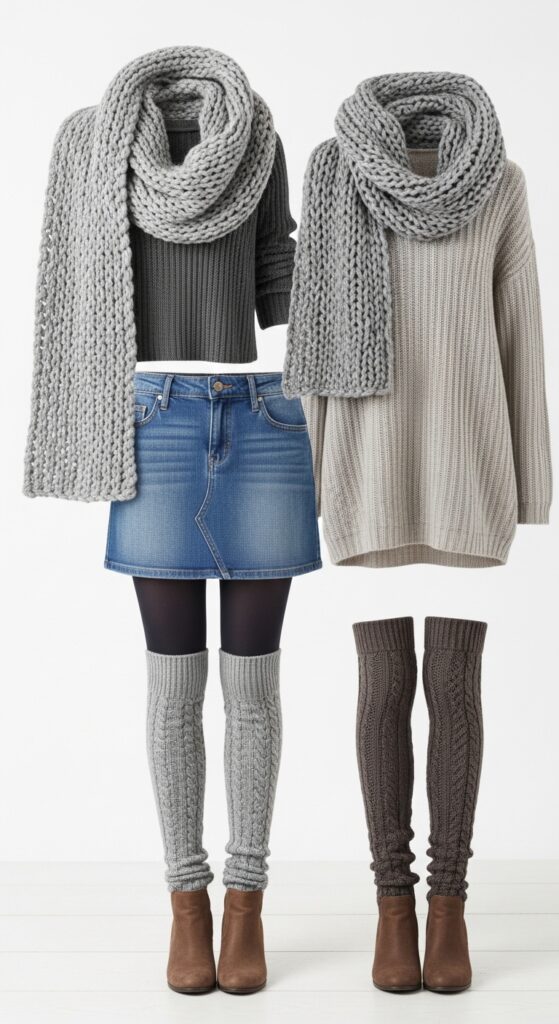 13 Trendy Winter Skirt Outfits That’ll Keep You Warm and Stylish 3 Casual Cool Denim Mini Skirt and Chunky Knits