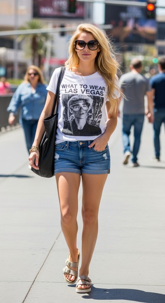 What to Wear in Las Vegas: 20 Perfect Outfit Ideas for Every Event and Occasion 18 Casual Denim Shorts and Graphic Tee