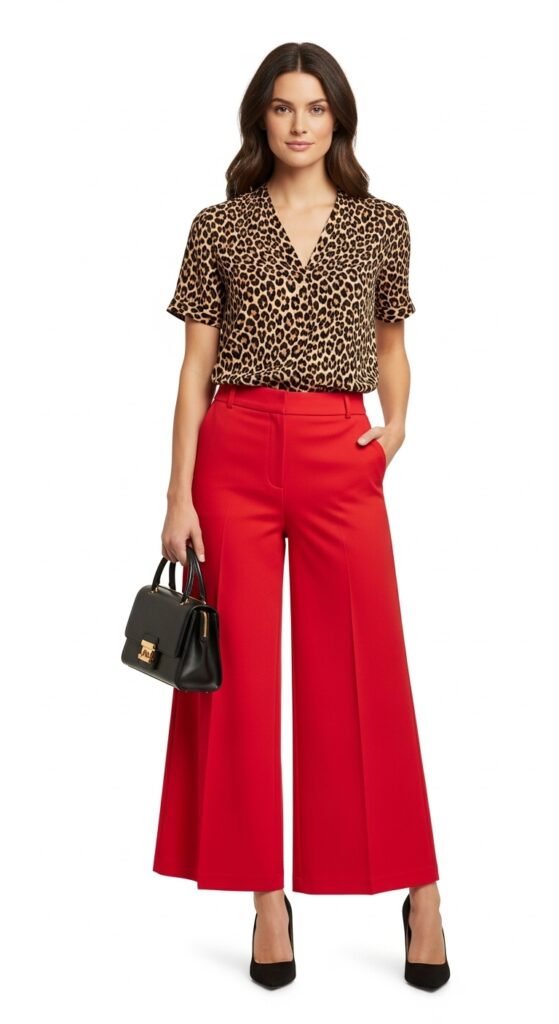 19 Red Pants Outfits to Ignite Your Style 13 Casual Friday Leopard Print Blouse & Red Wide-Leg Pants
