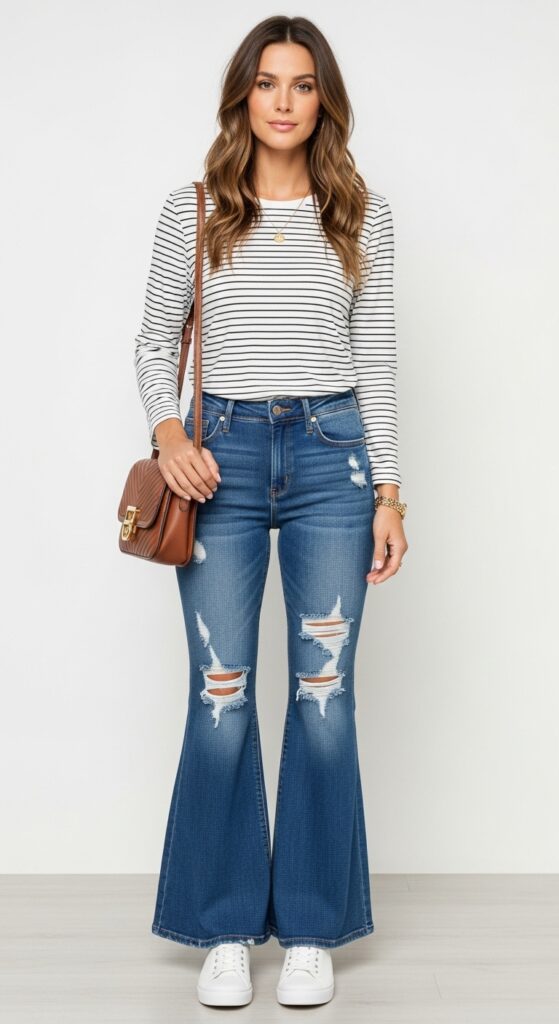18 Flare Jeans Outfits for U.S. Women in 2025 13 Casual Friday Striped Top & Distressed Flares