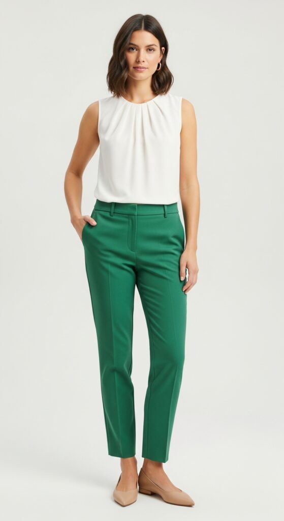 20 Green Pants Outfits to Elevate Your Style 14 Casual Friday White Sleeveless Top & Green Tailored Pants