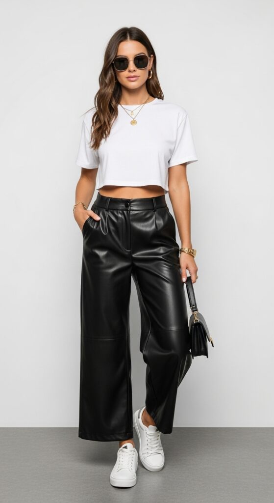 20 Leather Pants Outfits to Slay Every Occasion 13 Casual Friday White Tee & Faux Leather Wide-Leg Pants