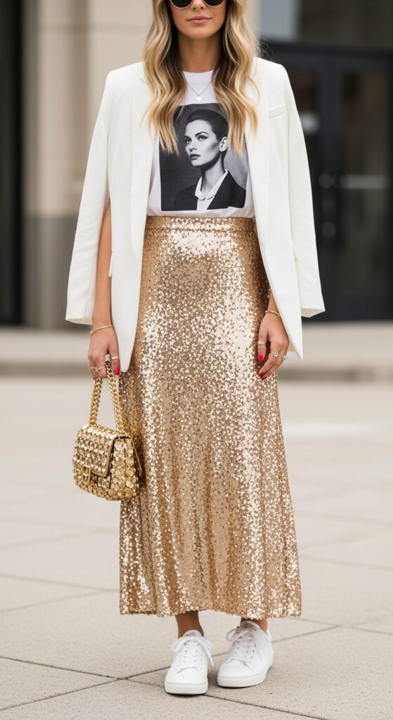 18 Stunning Sequin Skirt Outfits for U.S. Women in 2025 20 Casual Glam White Tee & Gold Sequin Maxi
