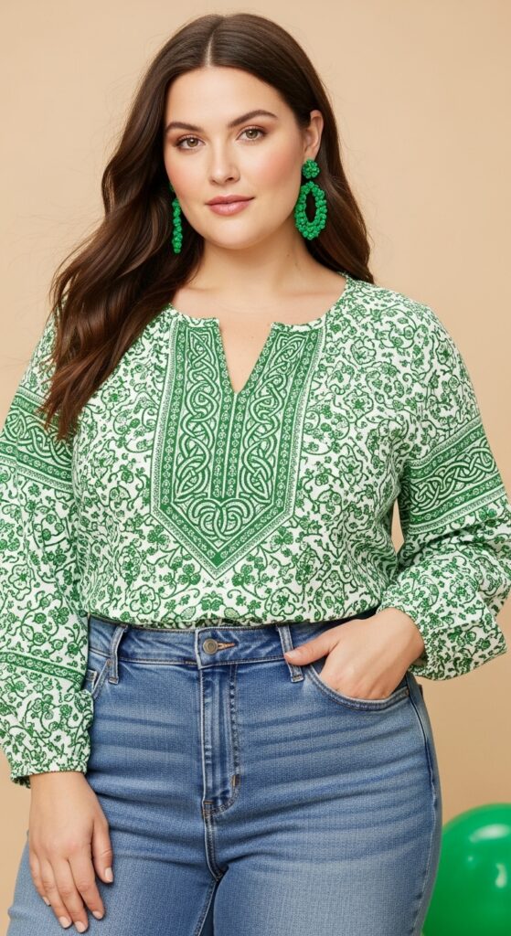12 Chic Plus-Size St. Patrick’s Day Outfits You’ll Love 4 Celtic-Inspired Blouse and High-Waisted Jeans Classic with a Twist