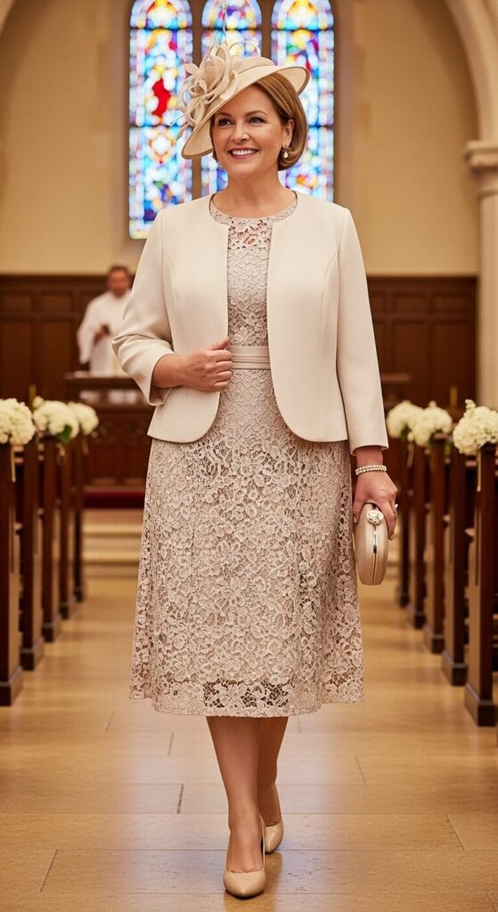 Champagne Lace Overlay Dress and Jacket for Church Weddings