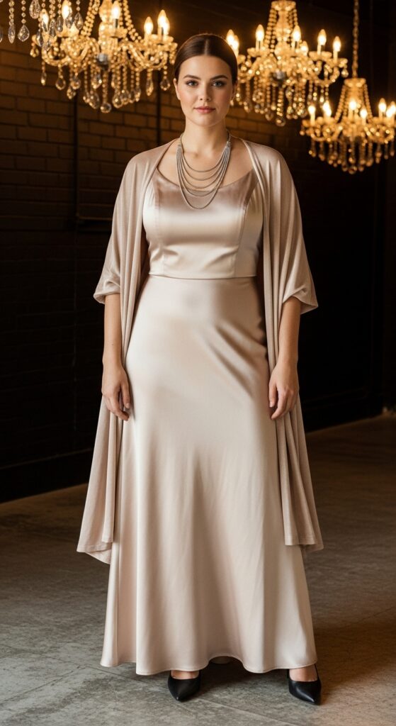 Champagne Satin Gown and Heels for Evening Weddings