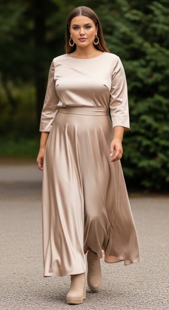 Champagne Satin Maxi Dress and Wedges for Outdoor Weddings