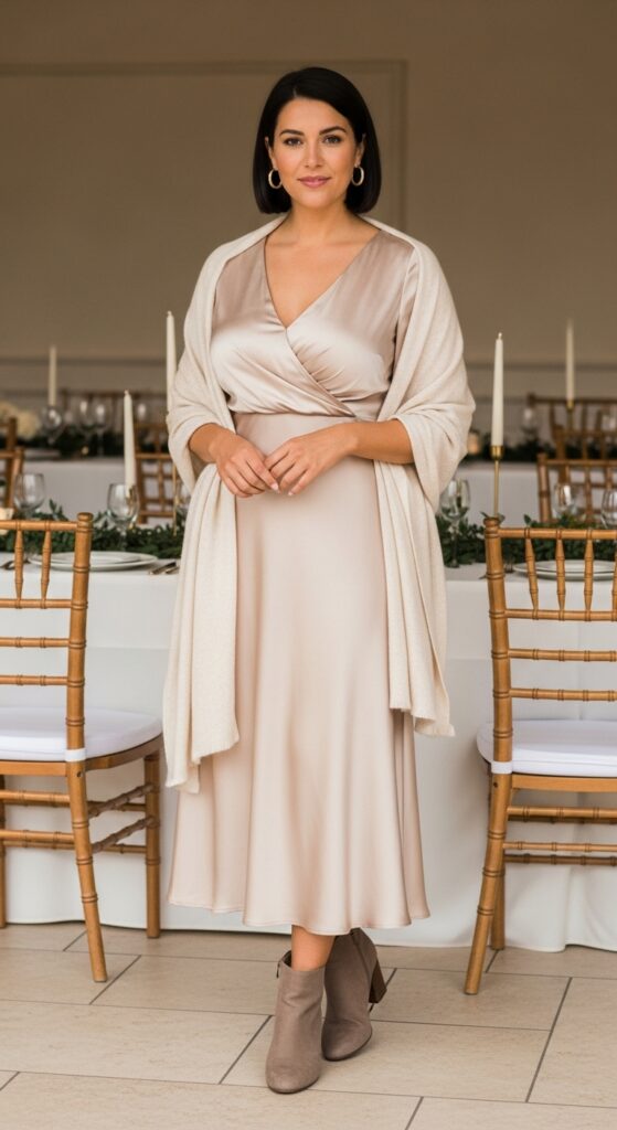 Champagne Satin Midi Dress and Boots for Reception Glow