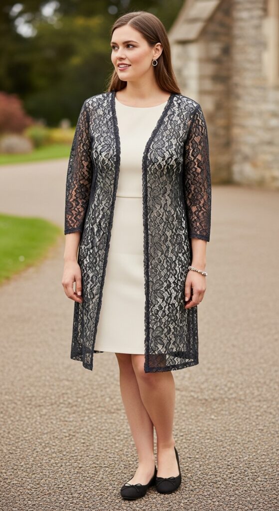 16 Plus Size Lace Mother of the Bride Dresses with Chic Season Style 11 Charcoal Lace Cardigan and Dress for Daytime Ceremonies
