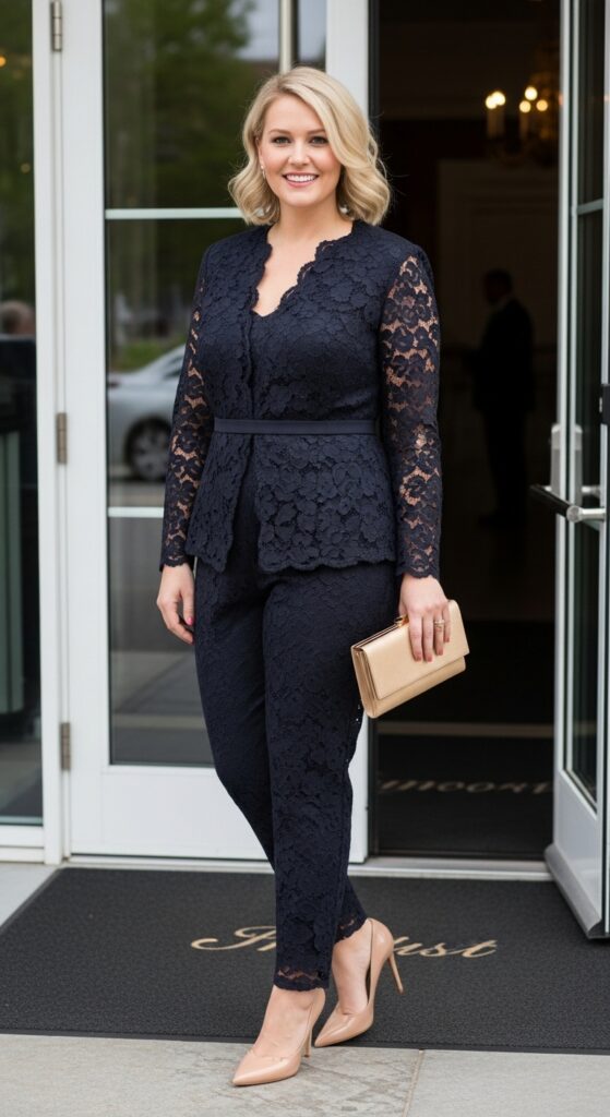 16 Plus Size Lace Mother of the Bride Dresses with Chic Season Style 17 Charcoal Lace Pant Suit and Heels for Modern Weddings