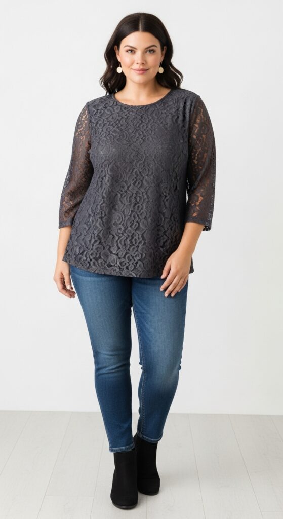 16 Plus Size Lace Mother of the Bride Dresses with Chic Season Style 14 Charcoal Lace Top and Jeans for Casual Rehearsals