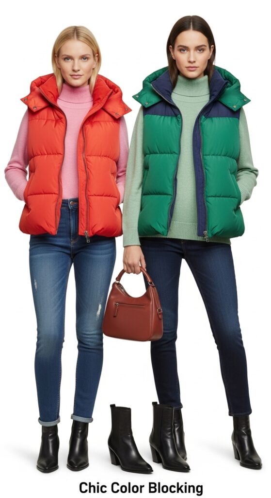 23 Chic Puffer Vest Outfits You’ll Want to Wear This Season 23 Chic Color Blocking
