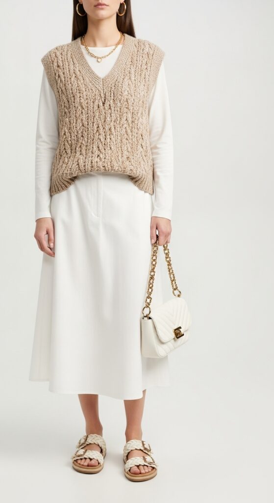 23 Spring Outfits for 2025 That Will Refresh Your Wardrobe 25 Chic Knit Vest and Midi Skirt