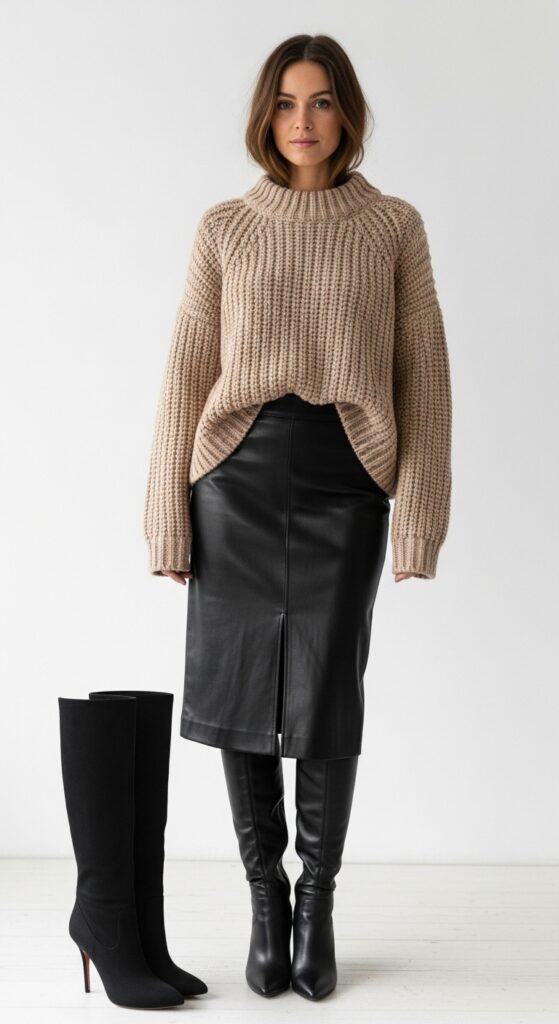 20 Cozy and Chic Sweater Outfit Ideas You’ll Want to Wear All Season Long 5 Chunky Beige Sweater and Leather Skirt