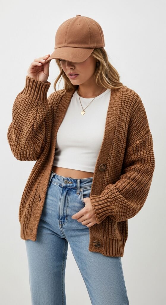 Chunky Cardigan & High-Waisted Jeans with a Matching Hat