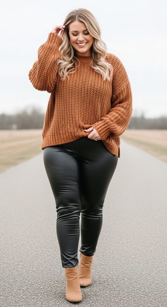11 Plus Size Winter Winery Outfits (Taste Wine in Style) 8 Chunky Knit Sweater & Leather Leggings