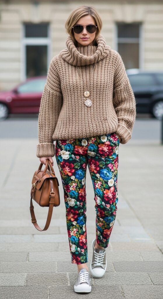 22 Chic Knitted Sweater Outfit Ideas You Need to Try 23 Chunky Knit Turtleneck + Floral Print Pants + Sneakers