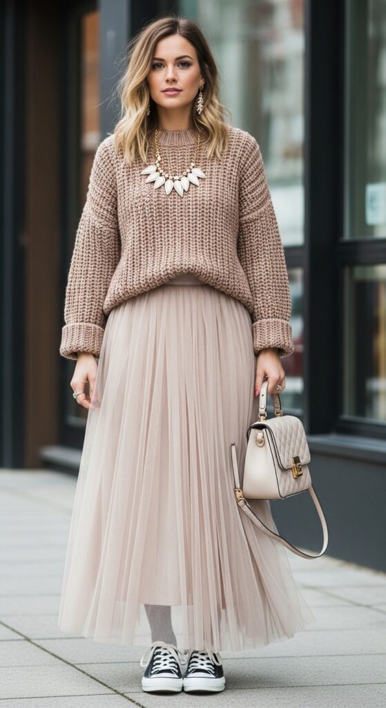 22 Chic Knitted Sweater Outfit Ideas You Need to Try 11 Chunky Sweater + Long Tulle Skirt + Sneakers
