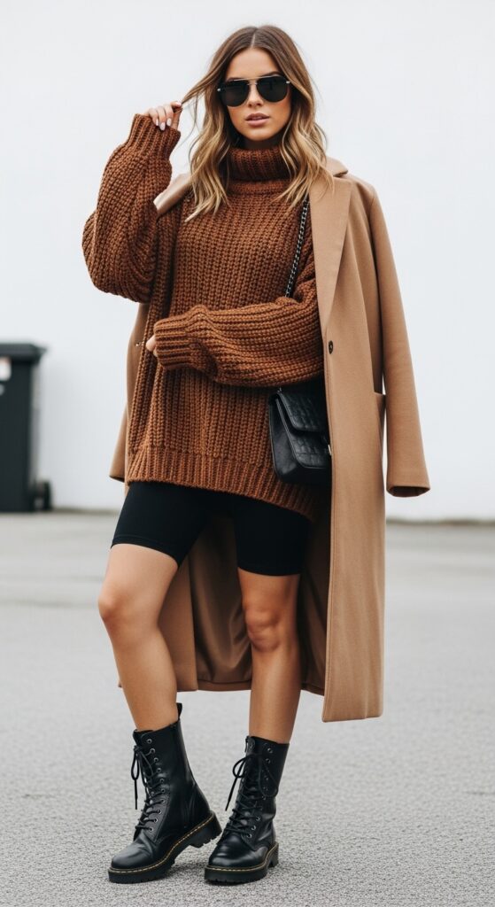 20 Stylish Biker Shorts Outfits That'll Make You Feel Effortlessly Chic 14 Chunky Sweater and Combat Boots