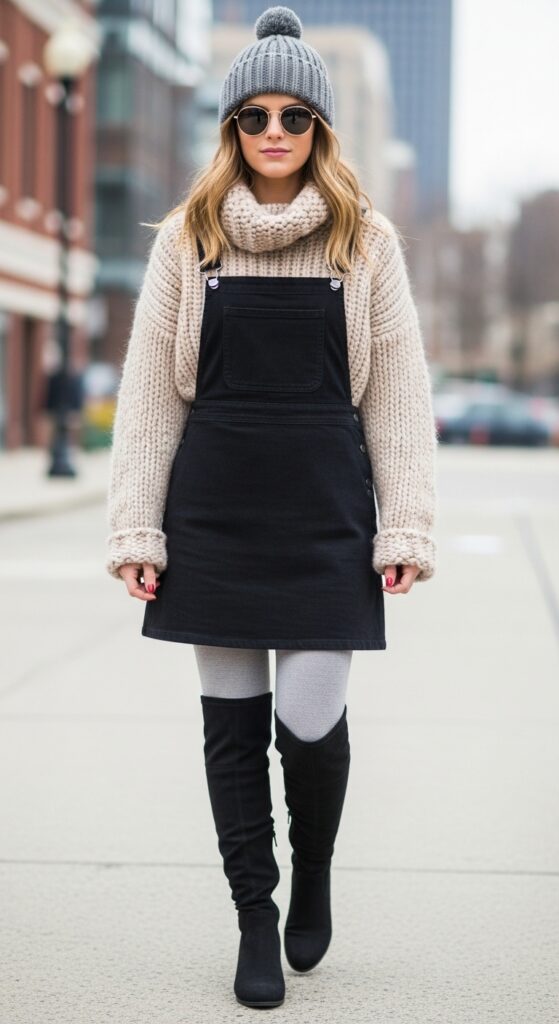 30 Stylish Winter Outfits for Women That Keep You Warm and Fashion-Forward 29 Chunky Sweater and Pinafore Dress