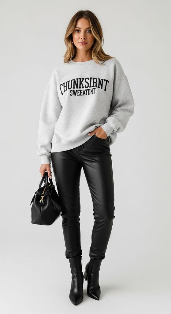 18 Stylish Sweatshirt Outfits to Elevate Your Everyday Look 12 Chunky Sweatshirt and Faux Leather Pants