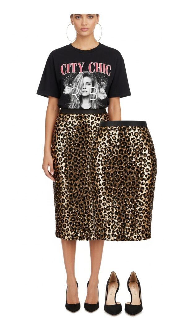 18 Stunning Sequin Skirt Outfits for U.S. Women in 2025 4 City Chic Graphic Tee & Gold Sequin Pencil