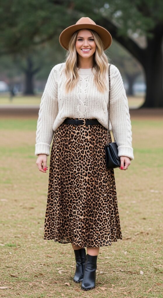 City Park Vibe Knit Sweater & Leopard Skirt