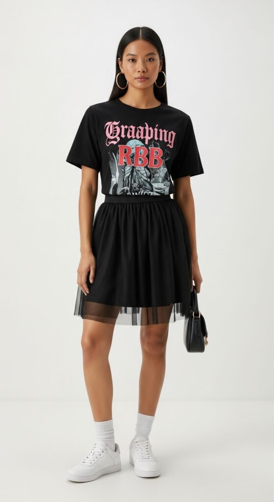 21 Stunning Tulle Skirt Outfit Ideas for U.S. Women in 2025 4 City Stroll Graphic Tee & Black Tulle Mini