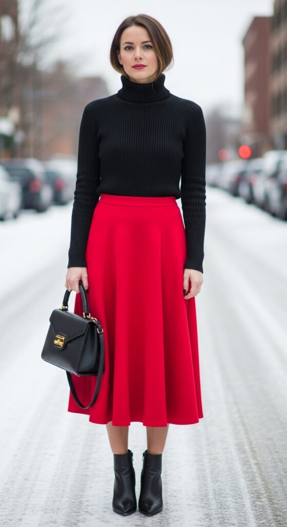 30 Stylish Winter Outfits for Women That Keep You Warm and Fashion-Forward 24 Classic Black Turtleneck and Red Skirt