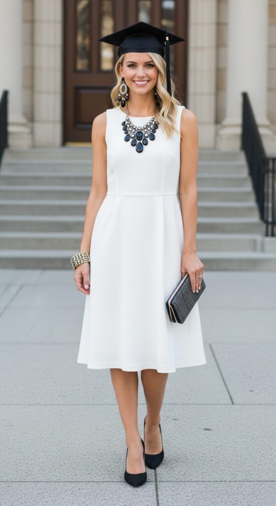 14 Graduation Outfit Ideas to Make Your Day Extra Special 3 Classic White Dress with Statement Jewelry