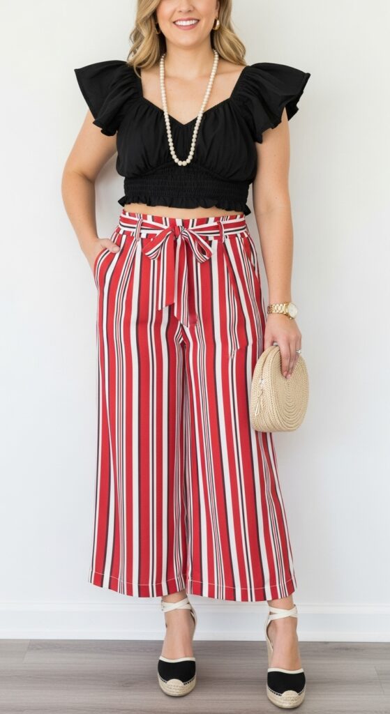 Cocktail Chic Black Ruffled Crop Top & Red Striped Pants