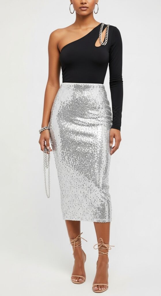 18 Stunning Sequin Skirt Outfits for U.S. Women in 2025 13 Cocktail Glam Black One-Shoulder Top & Silver Sequin Midi