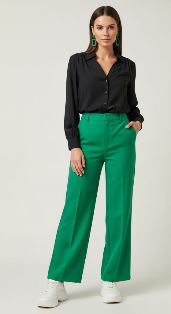 20 Green Pants Outfits to Elevate Your Style 17 Cocktail Party Black Button-Up & Bright Green Pants
