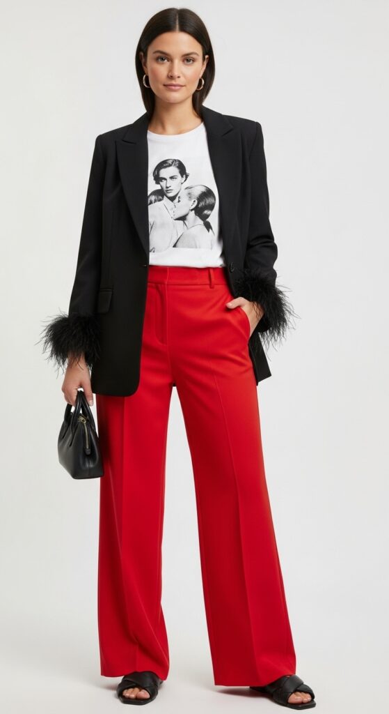 19 Red Pants Outfits to Ignite Your Style 16 Cocktail Party Feather-Trimmed Blazer & Red Trousers
