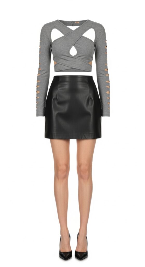22 Leather Skirt Outfits for an Edgy, Cool Vibe 17 Cocktail Party Gray Cutout Crop Top & Black Leather Mini