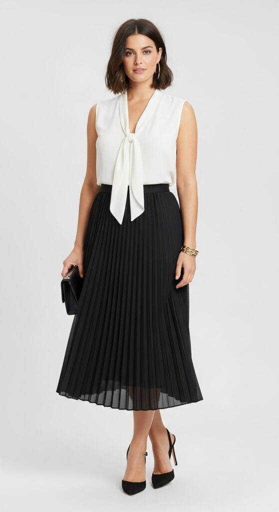 28 Pleated Skirt Outfits to Nail Effortless Chic 18 Cocktail Party White Blouse & Black Pleated Midi