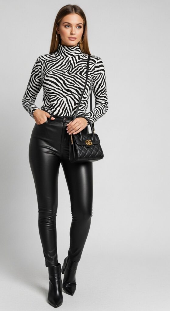 20 Leather Pants Outfits to Slay Every Occasion 16 Cocktail Party Zebra Print Top & Black Leather Leggings