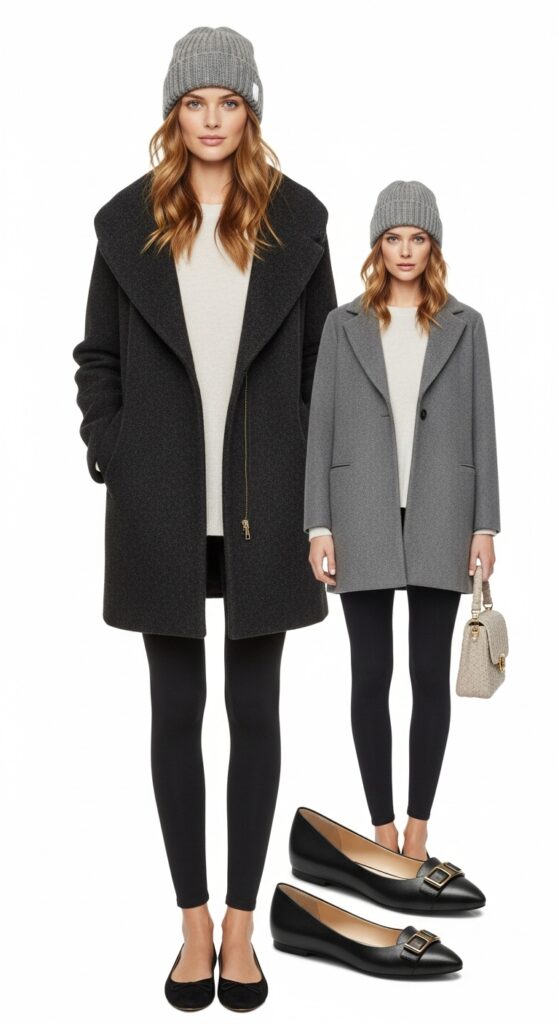 20 Stylish Flat Shoe Outfits to Inspire Your Wardrobe 20 Cocoon Coat and Leggings