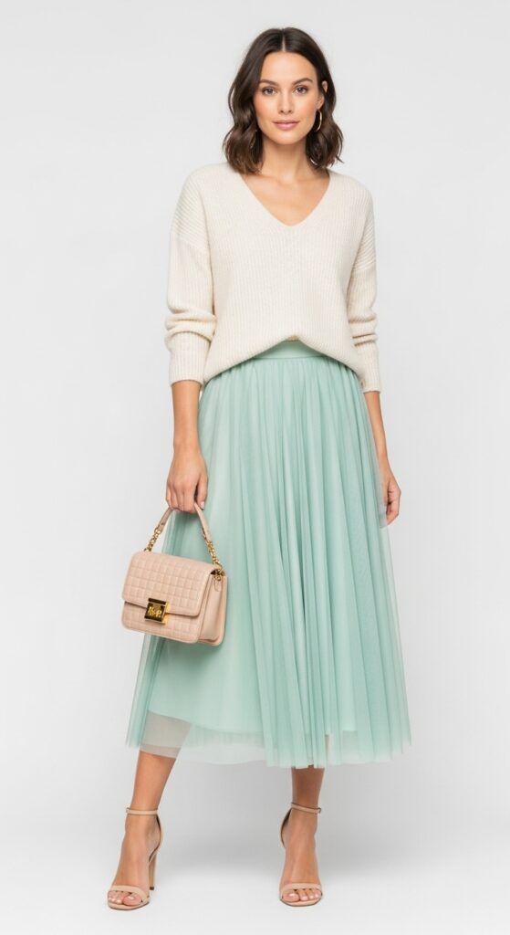 21 Stunning Tulle Skirt Outfit Ideas for U.S. Women in 2025 8 Coffee Date Cool Cream Sweater & Mint Tulle Midi