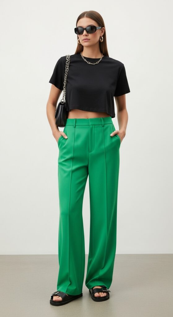20 Green Pants Outfits to Elevate Your Style 4 Coffee Run Cool Black Cropped T-Shirt & Bright Green Pants
