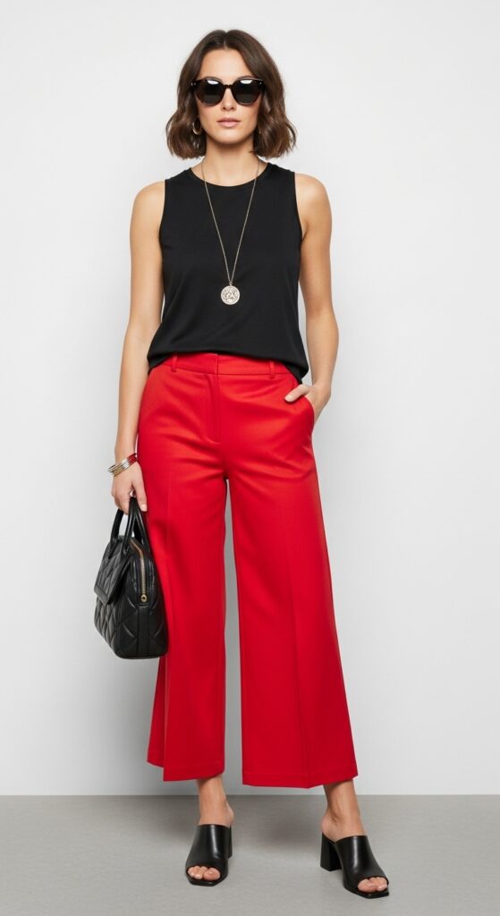 19 Red Pants Outfits to Ignite Your Style 4 Coffee Run Cool Black Tank & Red Wide-Leg Pants