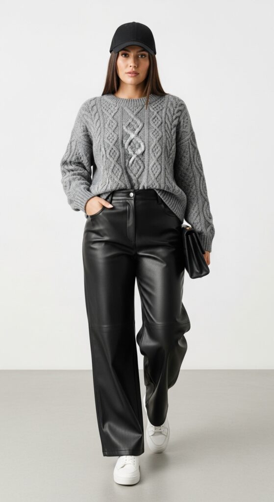 20 Leather Pants Outfits to Slay Every Occasion 3 Coffee Run Cool Gray Sweater & Black Leather Pants