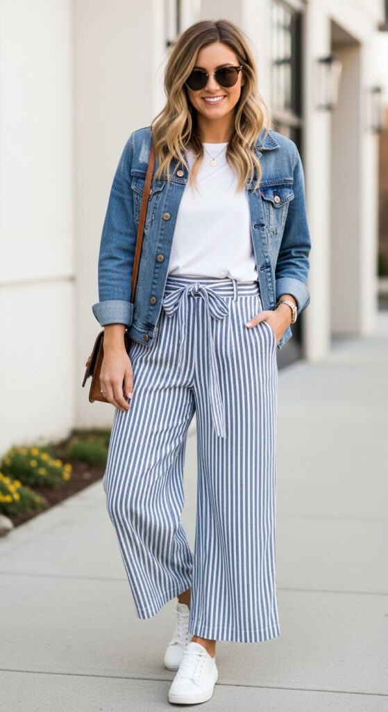 Coffee Run Cool White Tee & Blue Striped Pants