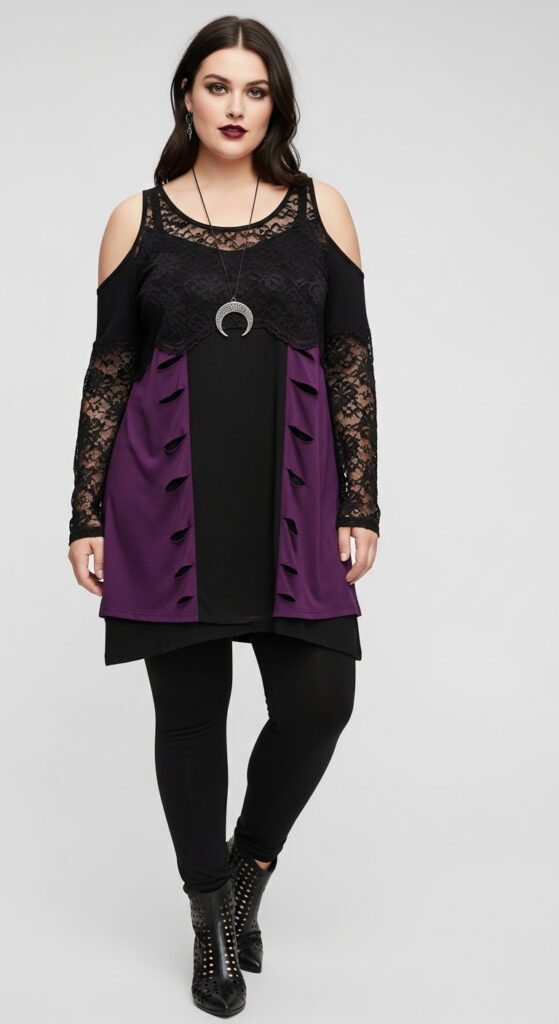 10 Bold Plus-Size Summer Goth Outfits for Curvy Women’s Gothic Soul 7 Cold-Shoulder Tunic and Leggings
