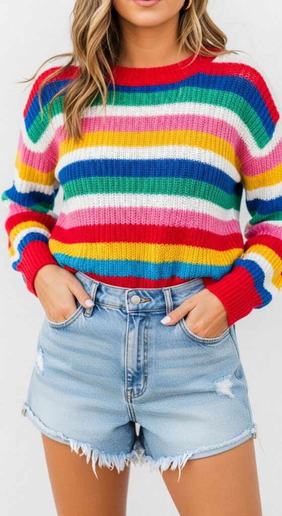 21 Stylish Denim Shorts Outfit Ideas 14 Colorful Stripes and Denim
