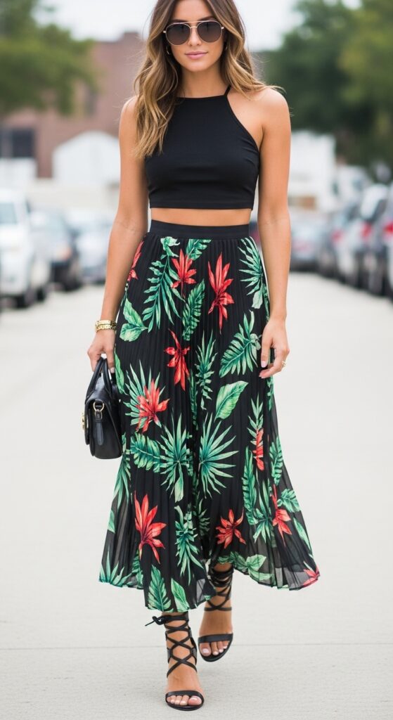 28 Pleated Skirt Outfits to Nail Effortless Chic 30 Concert Cool Black Crop Top & Tropical Print Maxi